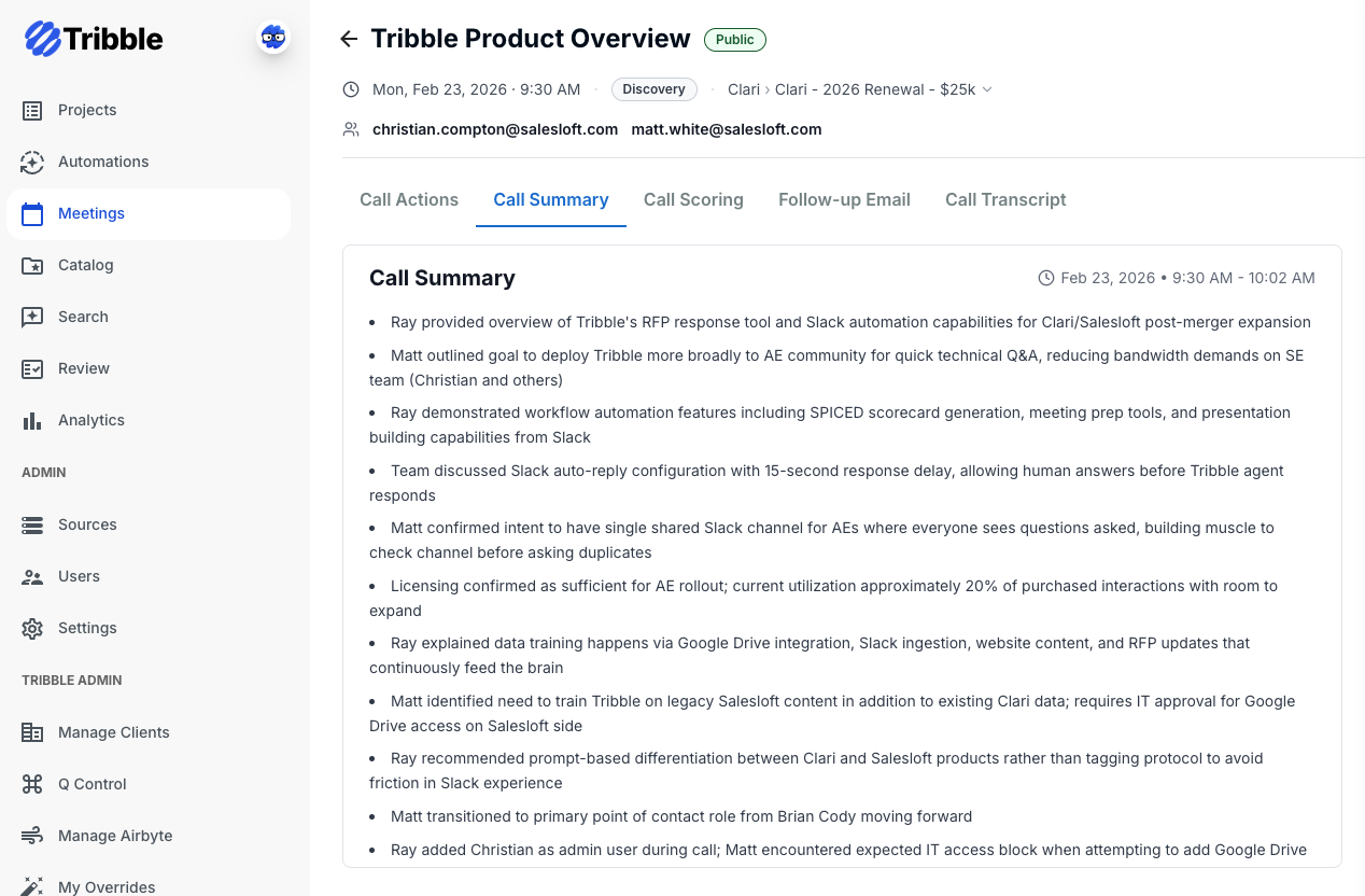 Tribble Engage post-call summary showing AI-generated recap with key discussion points, action items, competitive mentions, and deal signals automatically extracted from the conversation